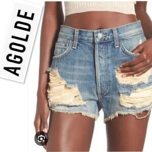 AGOLDE Parker High Waist Cut Off Distressed Denim Jean Shorts in Maurice Size 30
